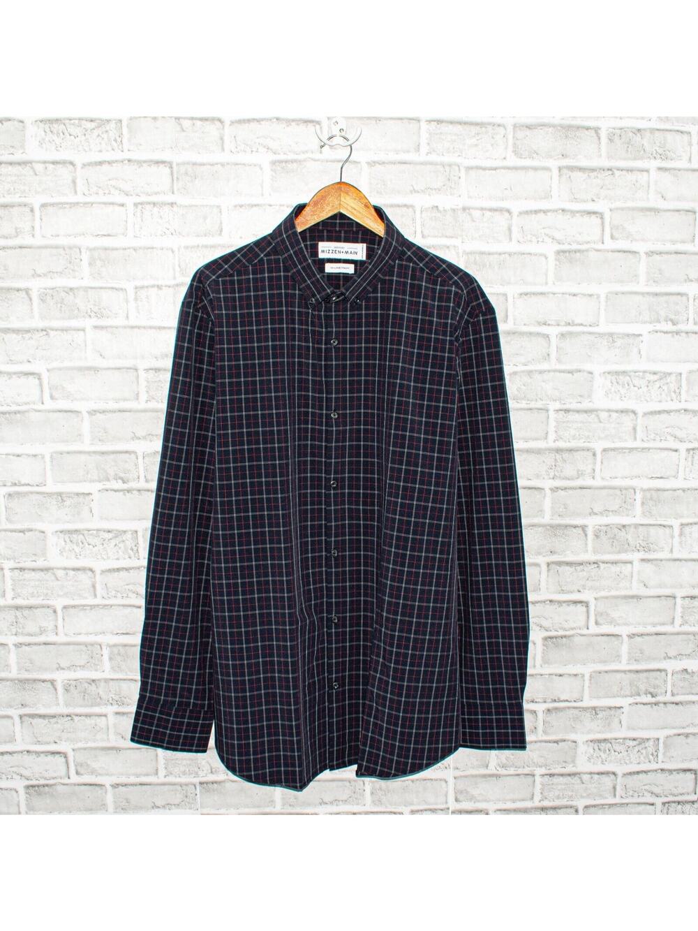 MIZZEN + MAIN Men's Trim Fit Button Down Shirt Navy Grid Check Size 2XL